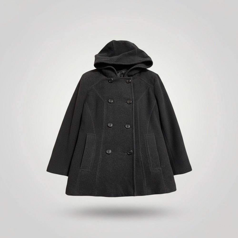 Jason Kole Wool Blend Pea Coat Women Large Black‎ Hooded Double Breasted Preppy